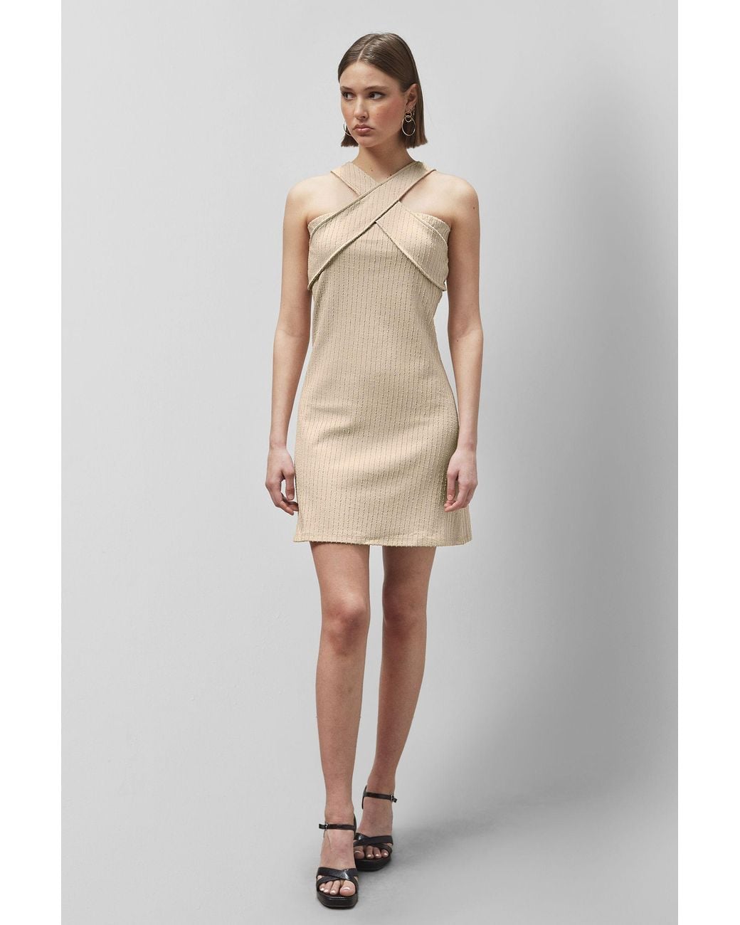Enorsia Natural Cross Front Halter Neck Dress