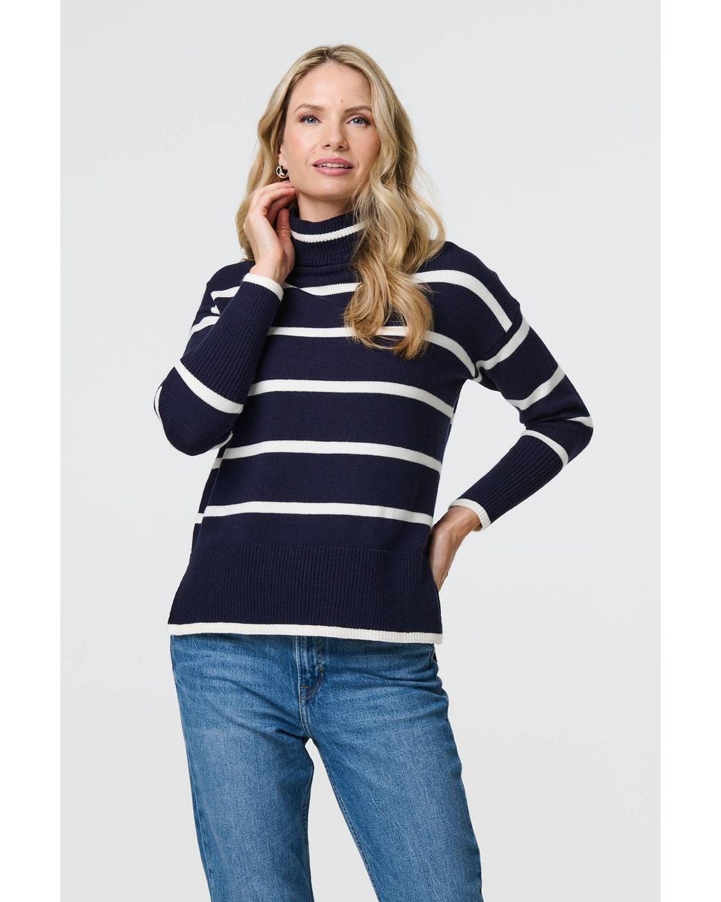 Izabel London Blue Striped Roll Neck Relaxed Jumper