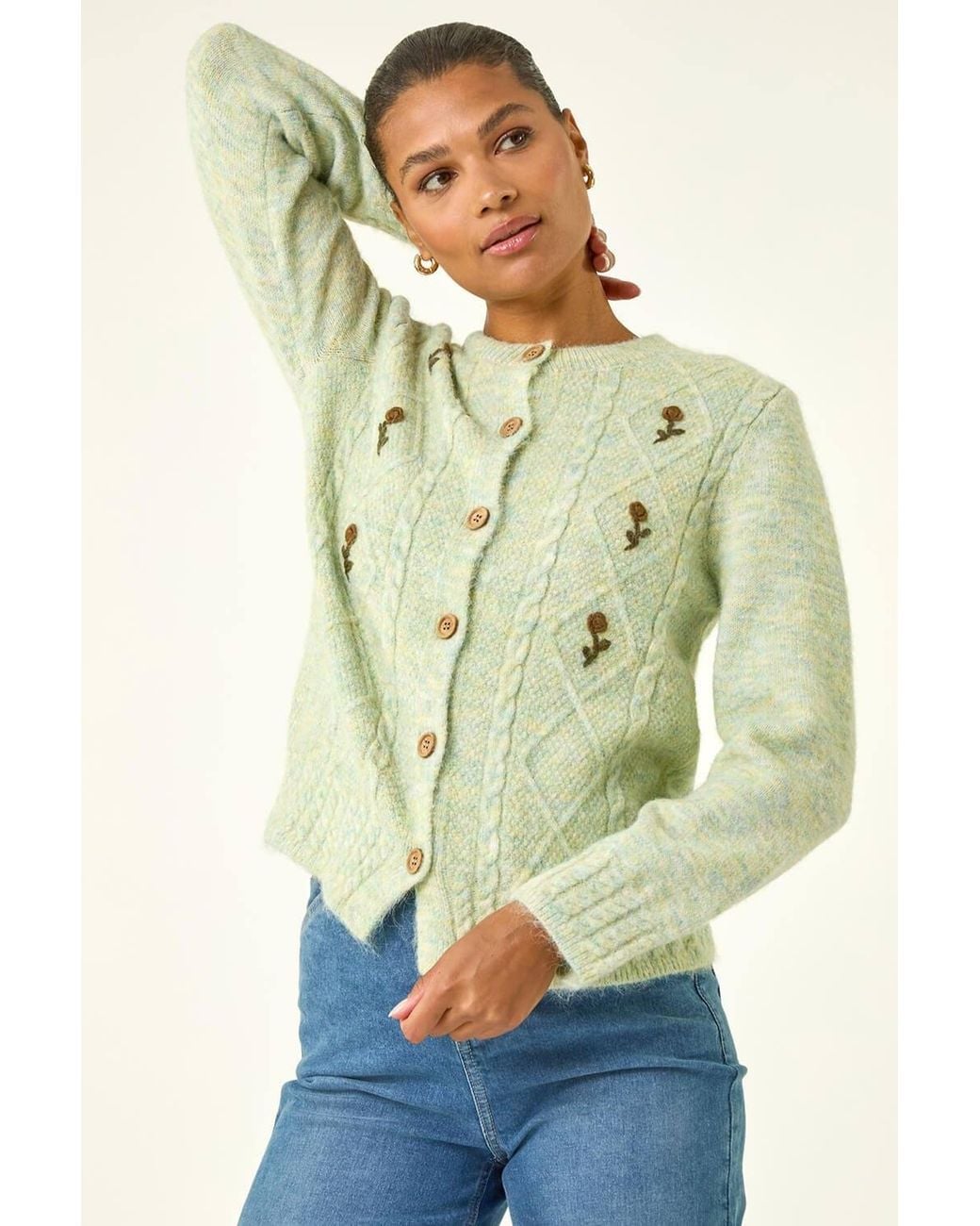 Roman Blue Embroidered Floral Knit Cardigan