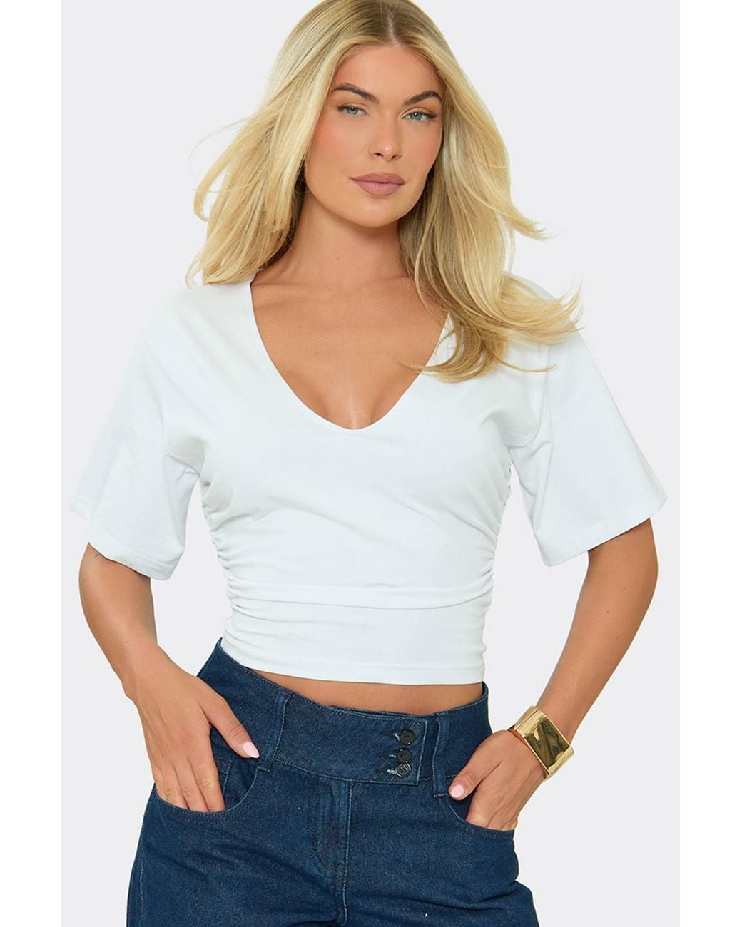 EGO White Short Sleeve V-Neck Top