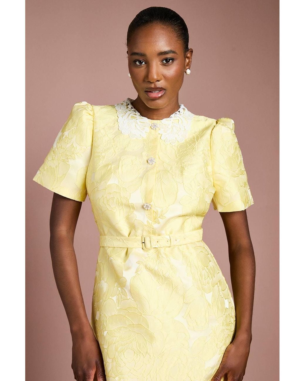Coast Yellow Puff Sleeve Collared Jacquard Midi Dress