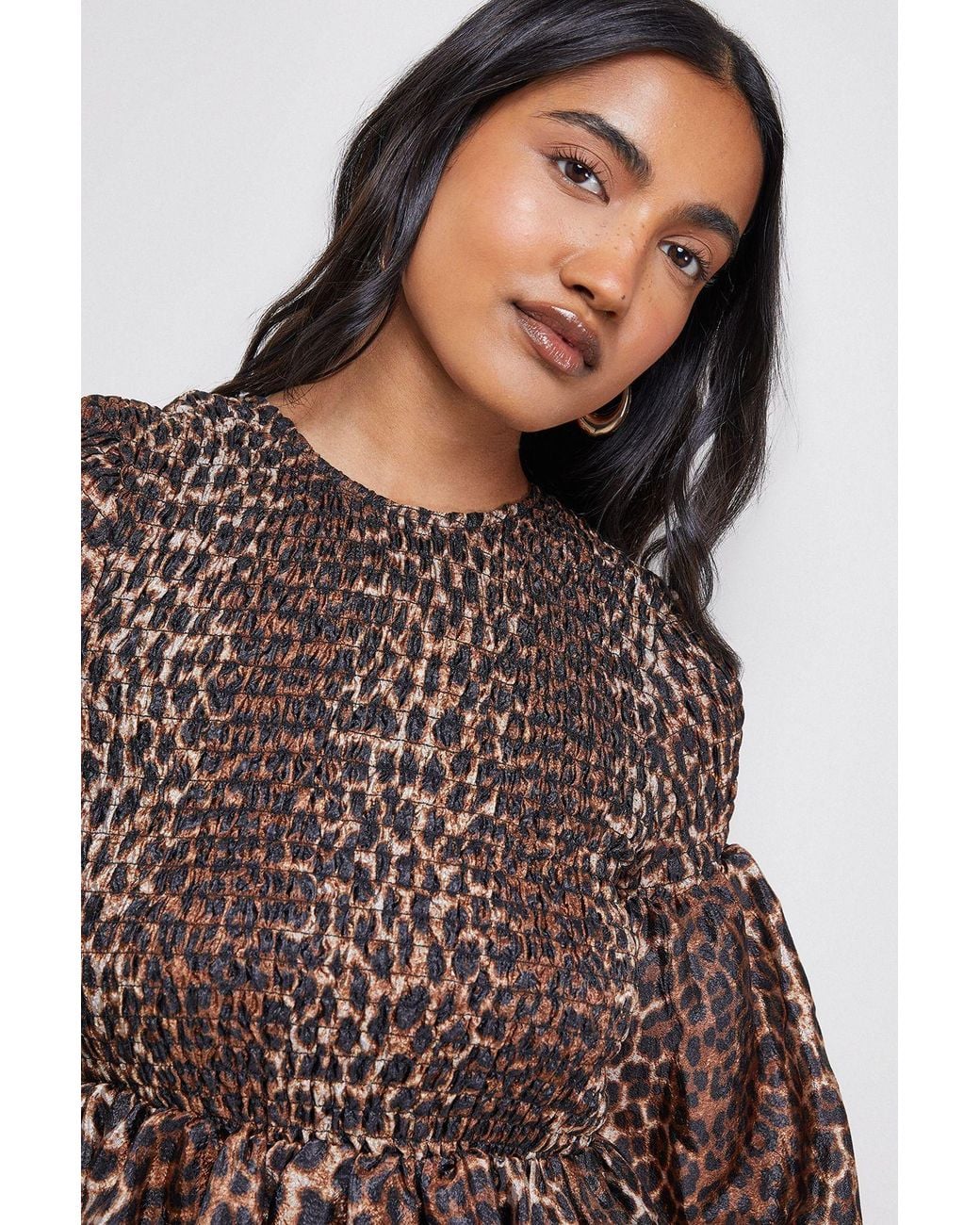 Warehouse Brown Textured Organza Shirred Midaxi Dress