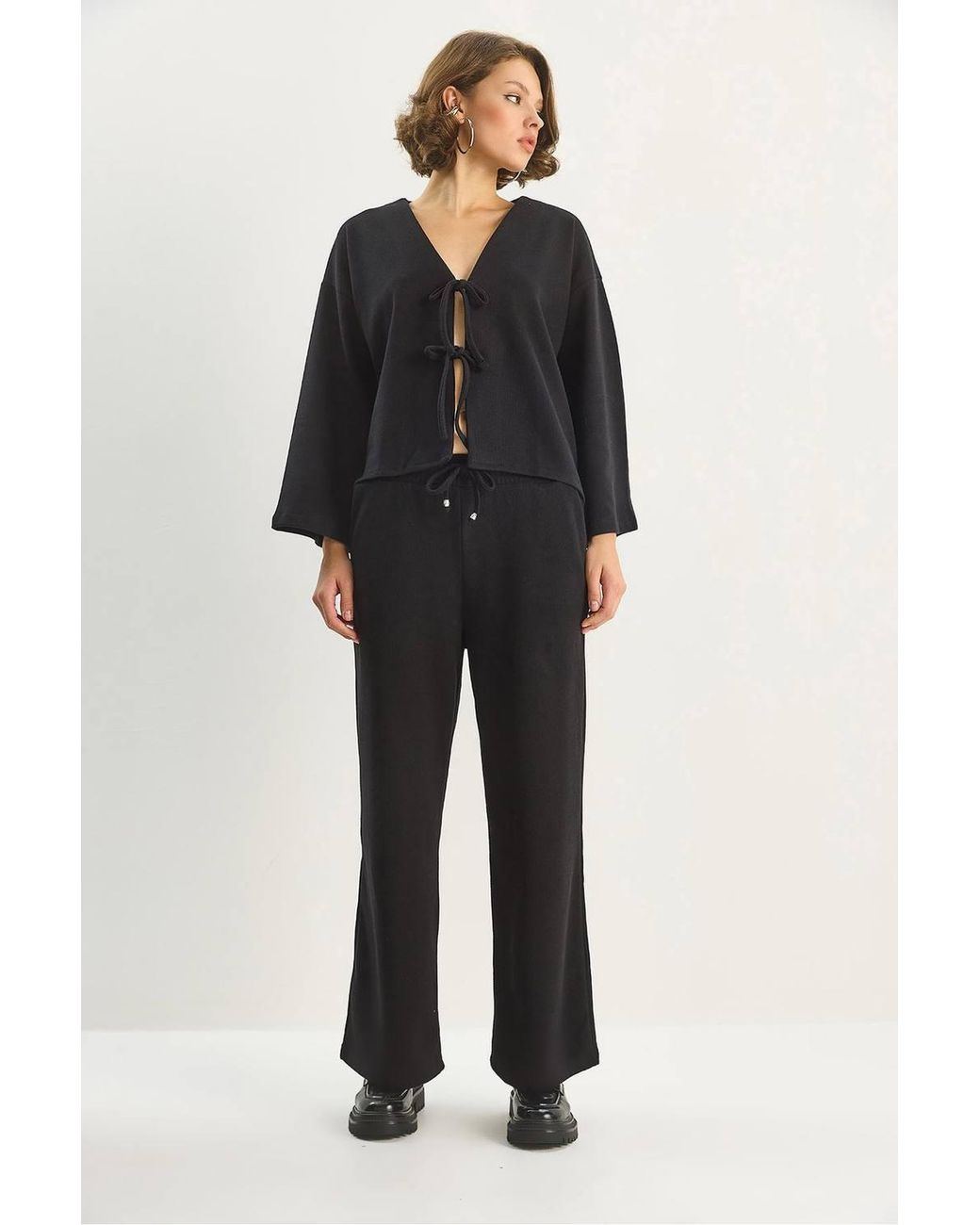 Bianco Lucci Black V-Neck Knitted Cardigan & Wide Leg Pants Set