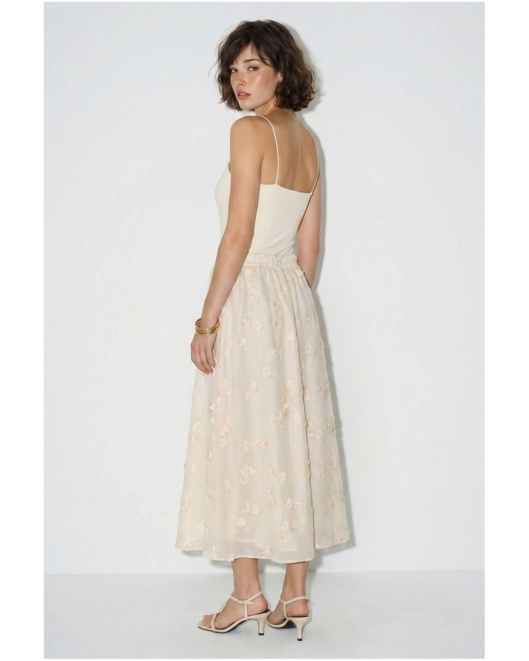 Bianco Lucci White Embroidered High-Waist Midi A-Line Skirt
