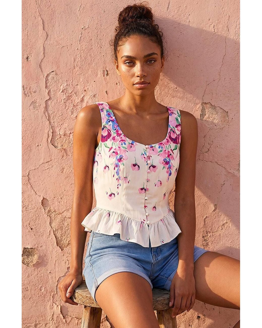 D.u.s.k Blue Floral Button Up Front Blouse