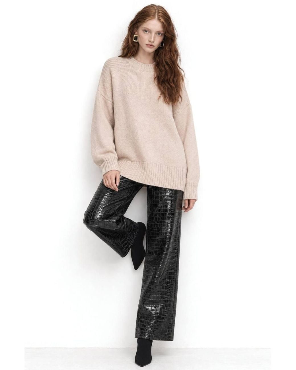 MixRay Natural Oversized Ribbed Knit Sweater With Crew Neck