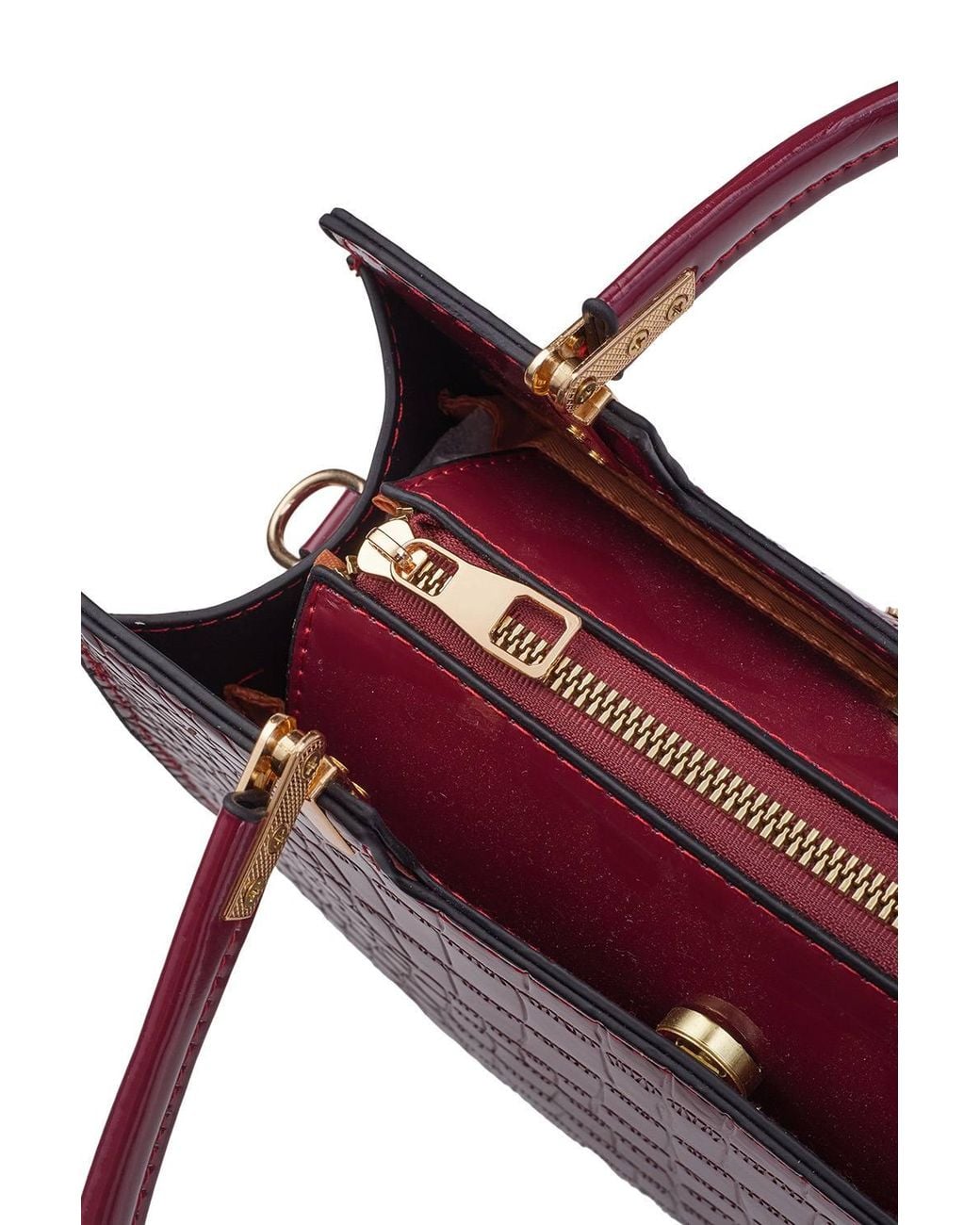 MODISHION Red Glossy Pu Croc-Embossed Handbag With Crossbody Strap