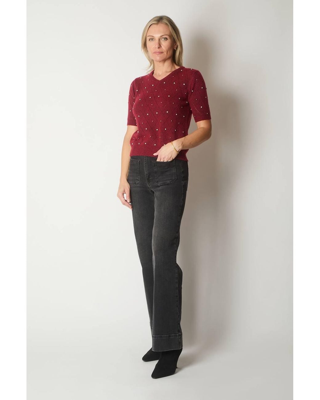 Solo Red Embellished Knit V-Neck Jumper