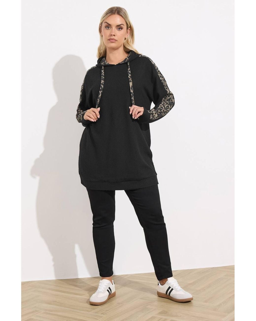 Yours Black Leopard Print Trim Hoodie