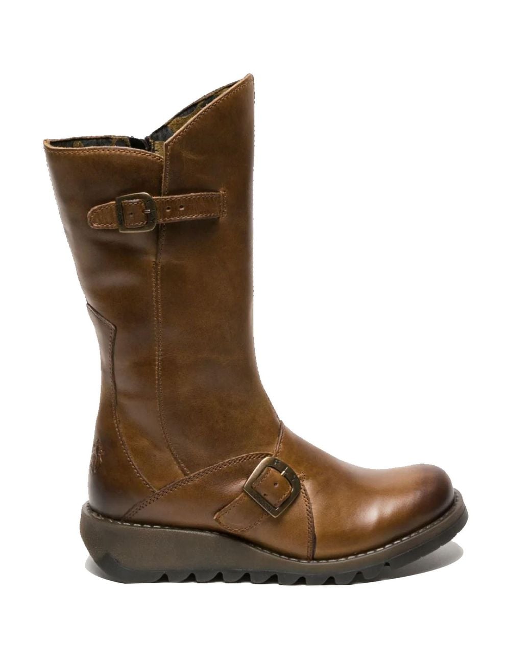 TruClothing Brown Wedge Heel Buckle Mid Calf Leather Boots