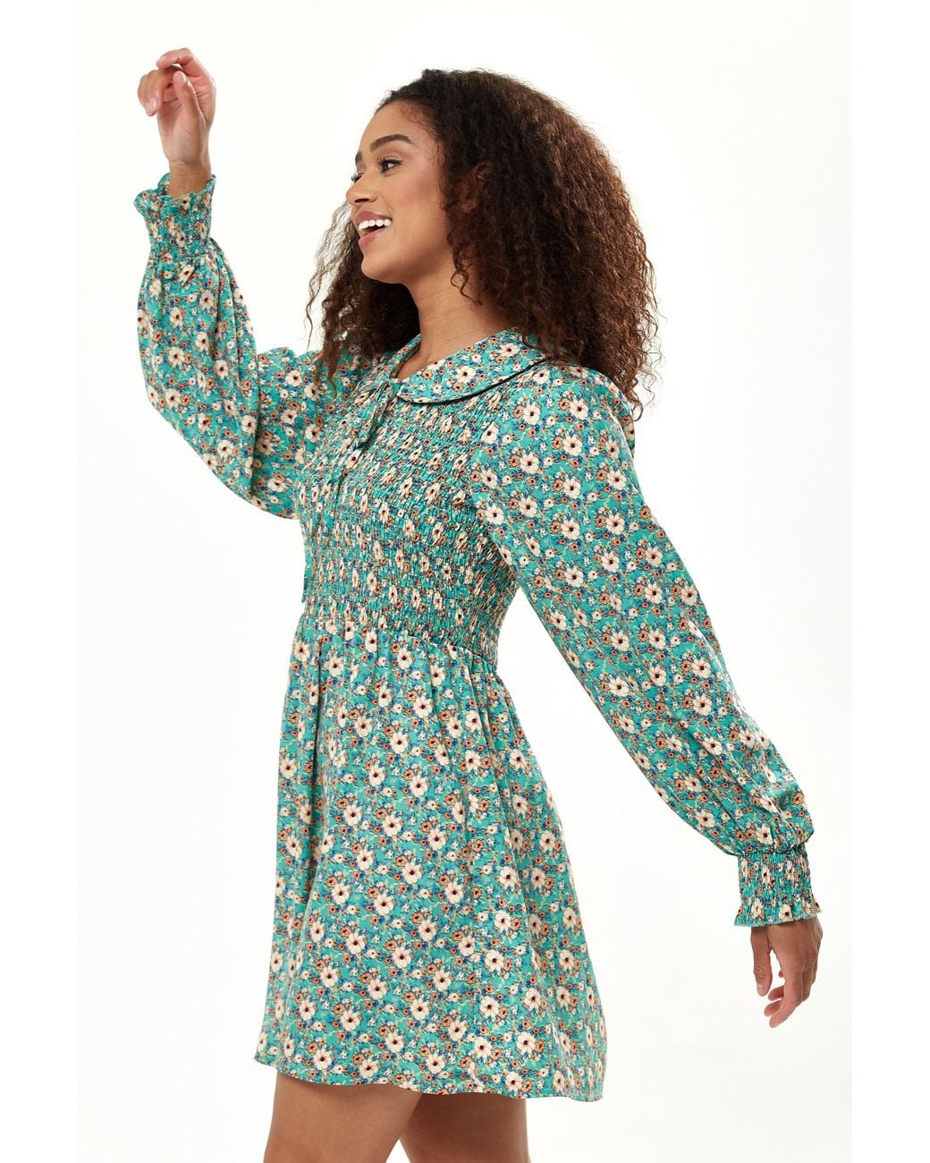 Liquorish Green Floral Print Smock Mini Dress With Peter Pan Collar