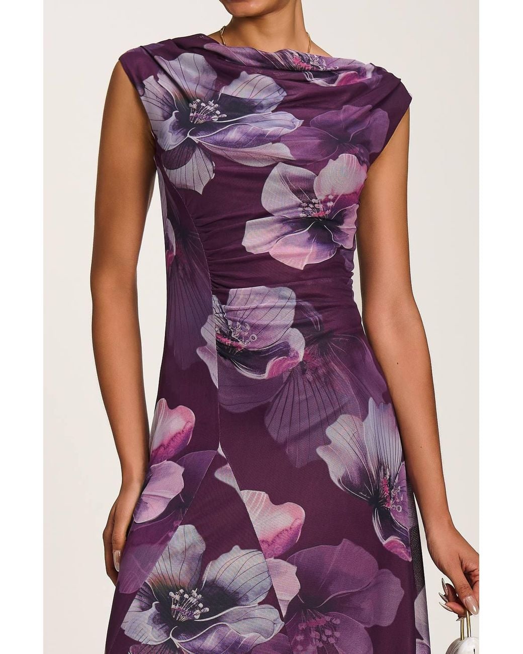 Jolie Moi Purple Asymmetric Draped Mesh Maxi Dress