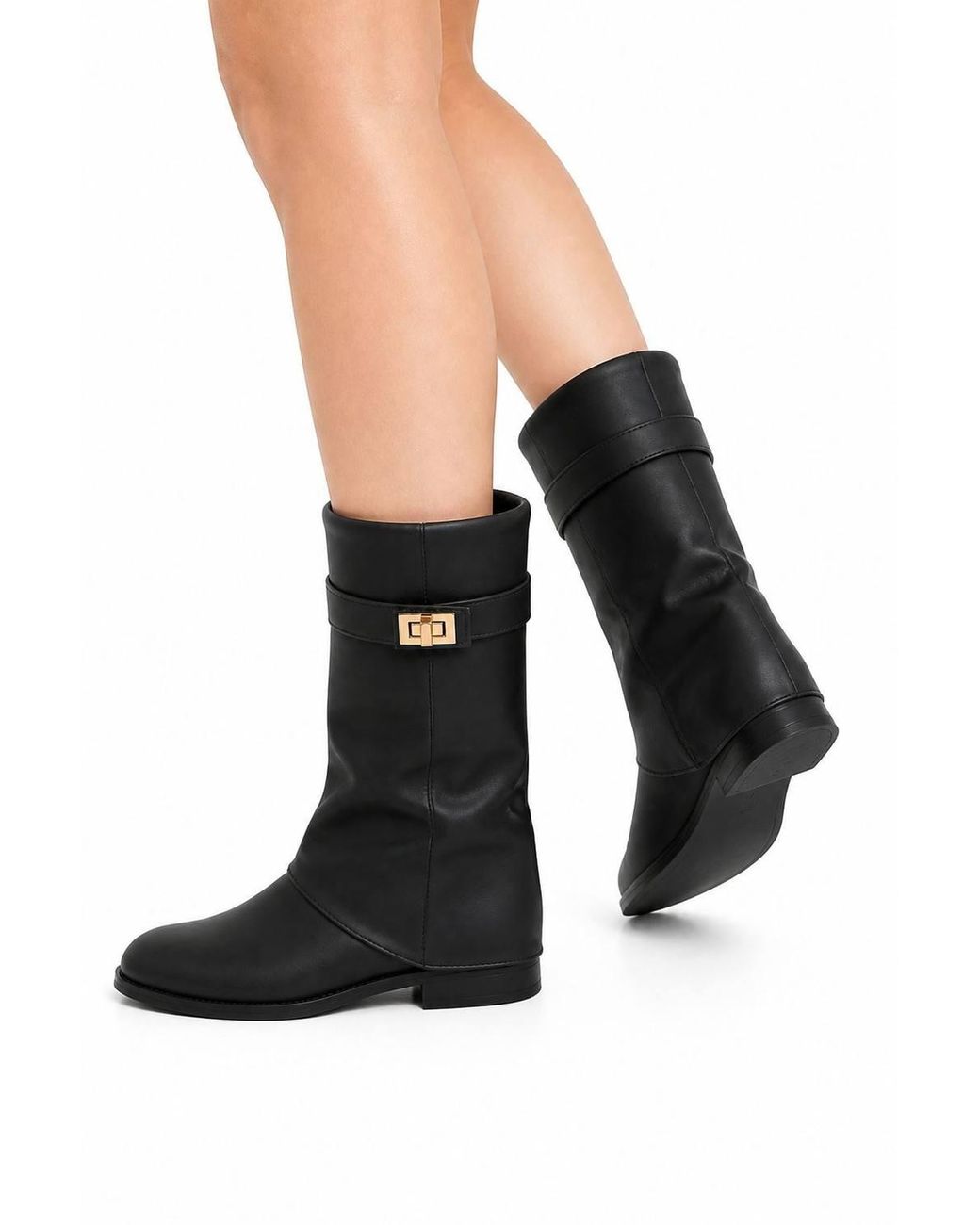 Miss Diva Black Isley Round Toe Trim Buckle Fold Over Knee High Pu Boots