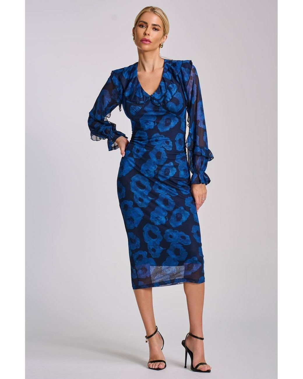 Jolie Moi Blue Long Sleeve Ruffle Detail Mesh Bodycon Dress
