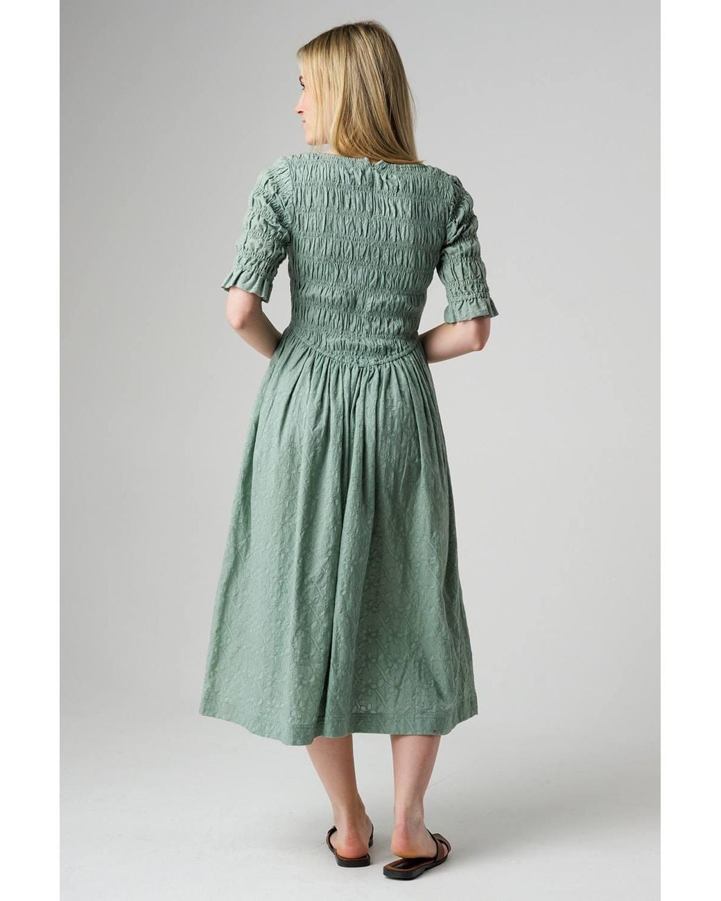 Native Youth Green Cotton Jacquard Shirred Short Sleeve Midi Dress