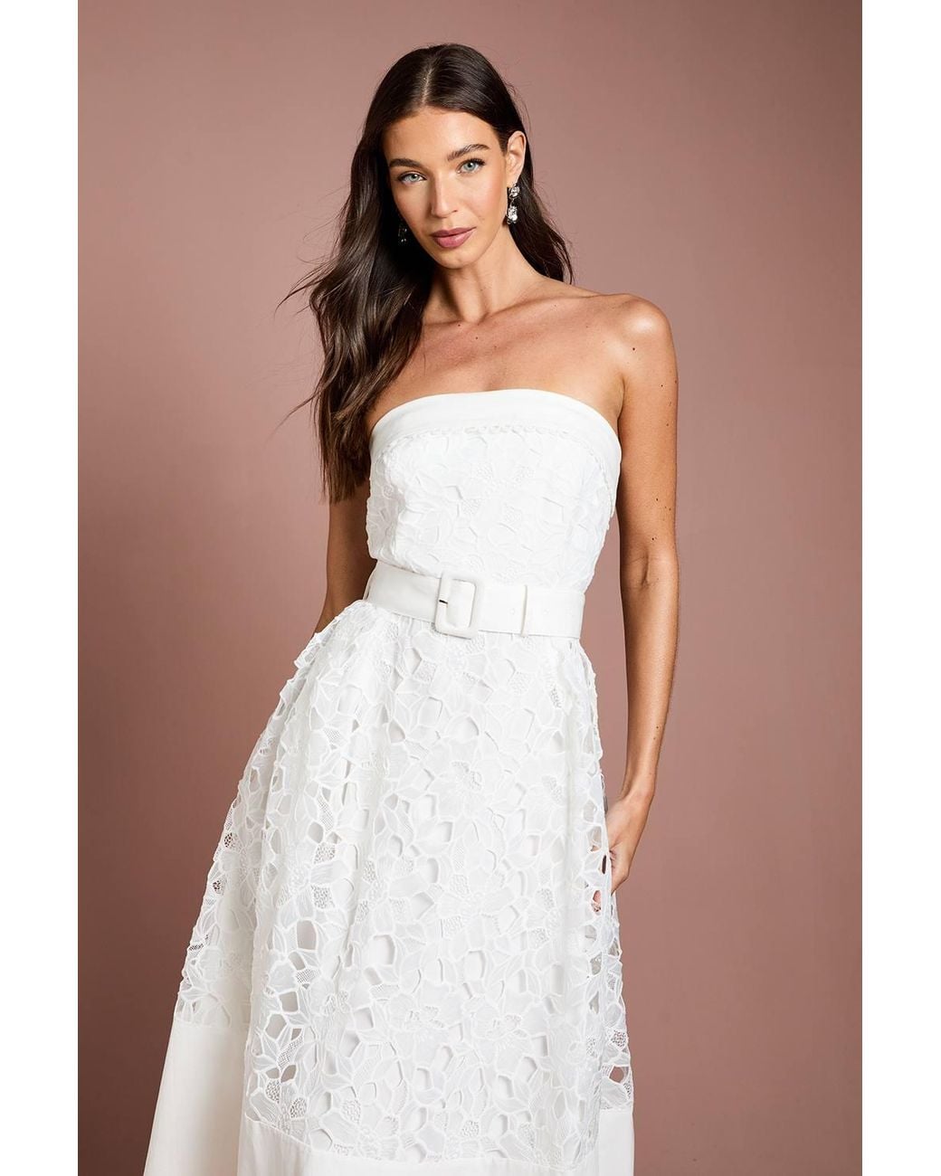 Coast White Bandeau Belted Lace Midi Dress