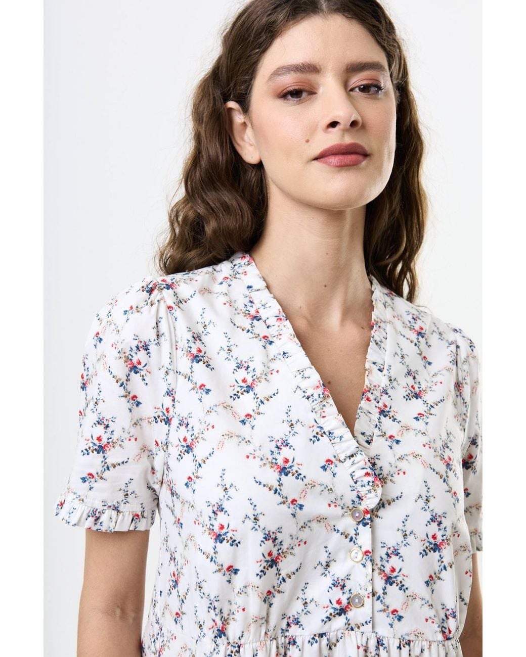 Louche White Cosima Regency Print Frill V-Neck Mini Dress