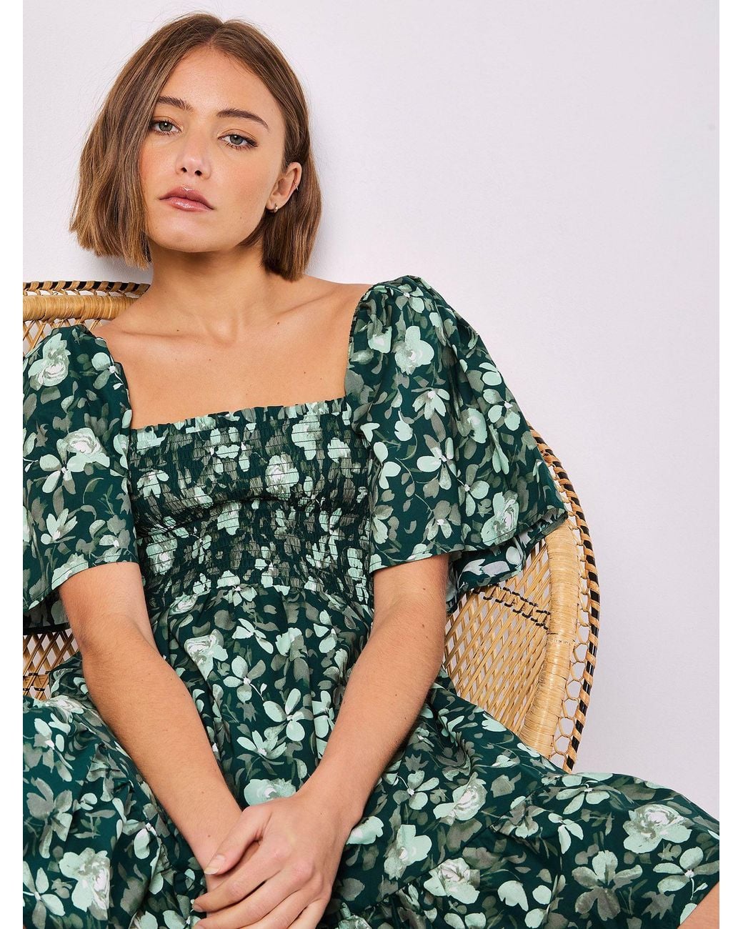 Apricot Green Smocked Cotton Floral Mini Dress