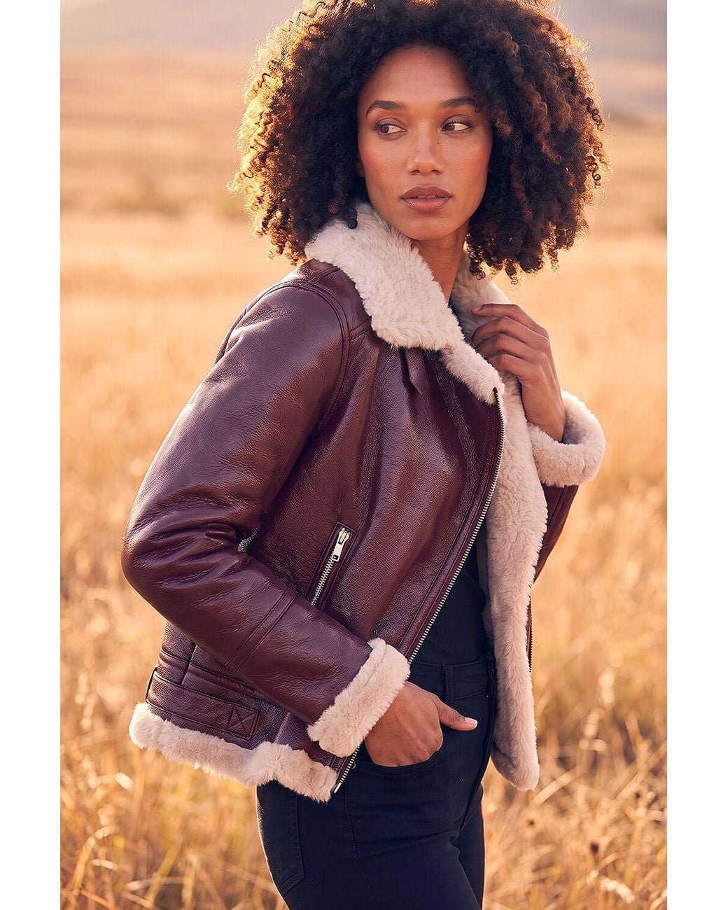Roman Purple Contrast Faux Leather Aviator Coat
