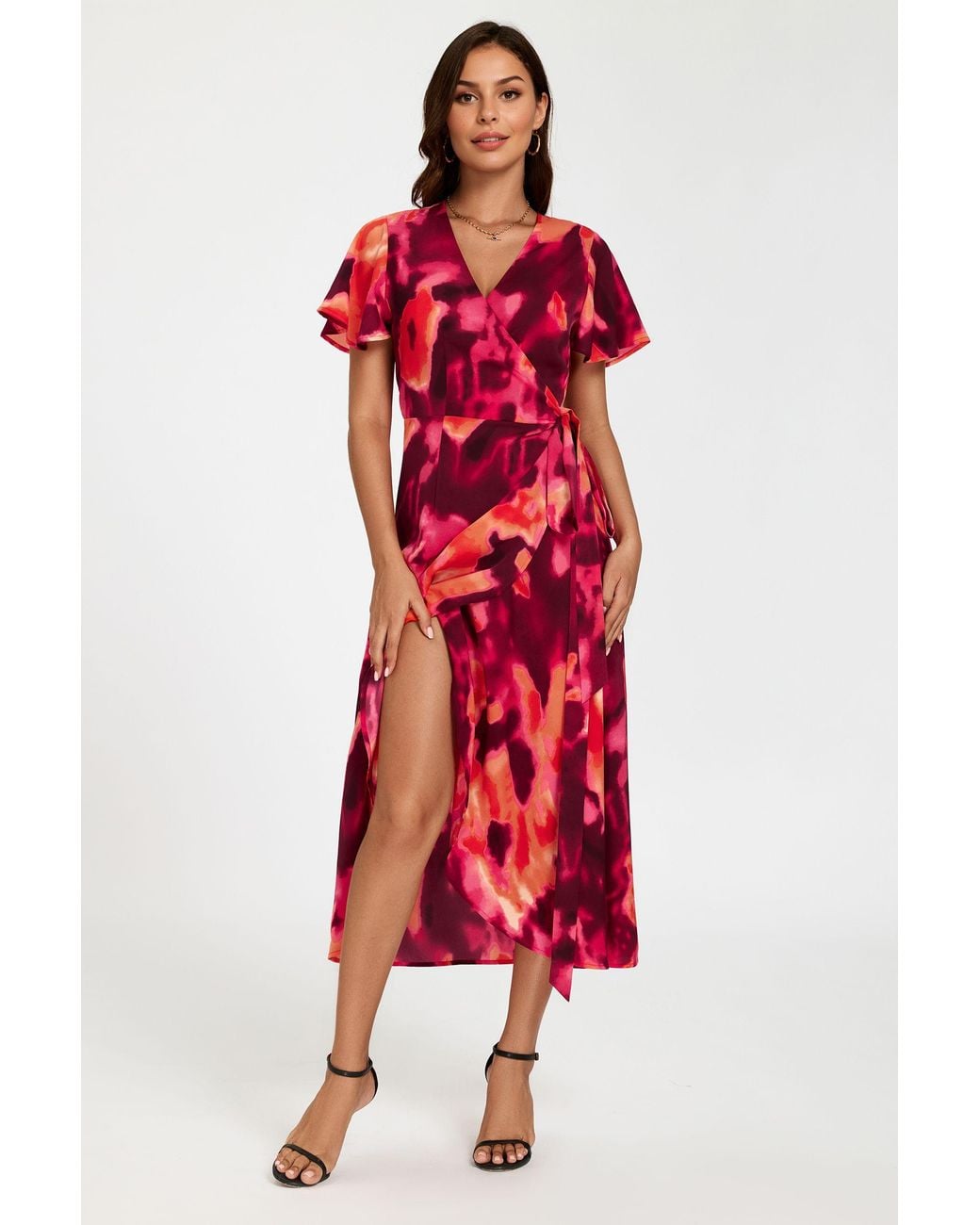 FS Collection Red Abstract Print Wrap Maxi Dress