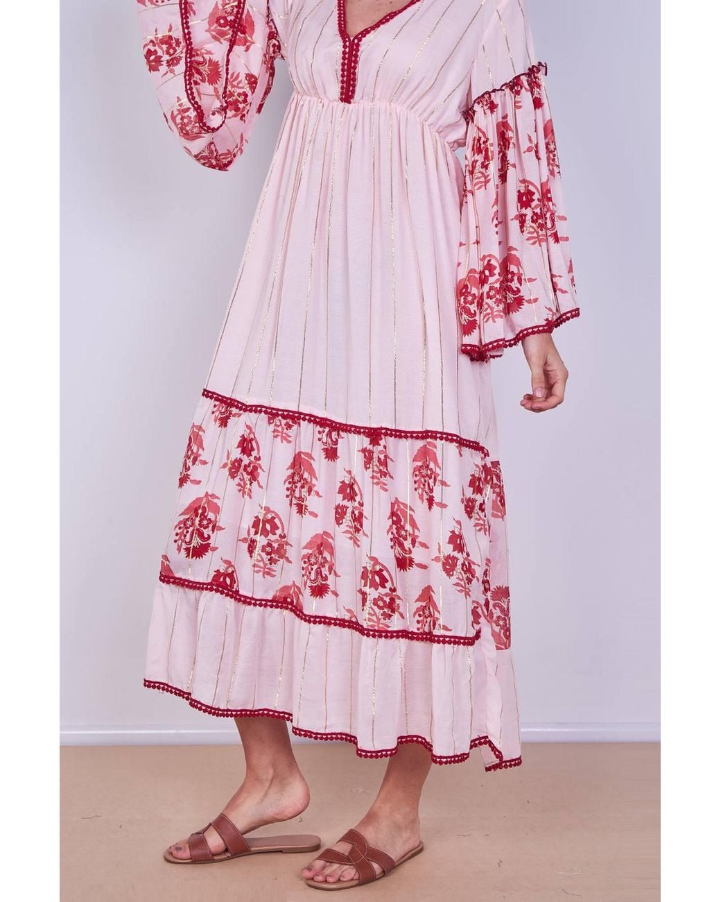ELAINA FASHION Pink Bohemian Tiered Maxi Dress Flowy Viscose Elegance