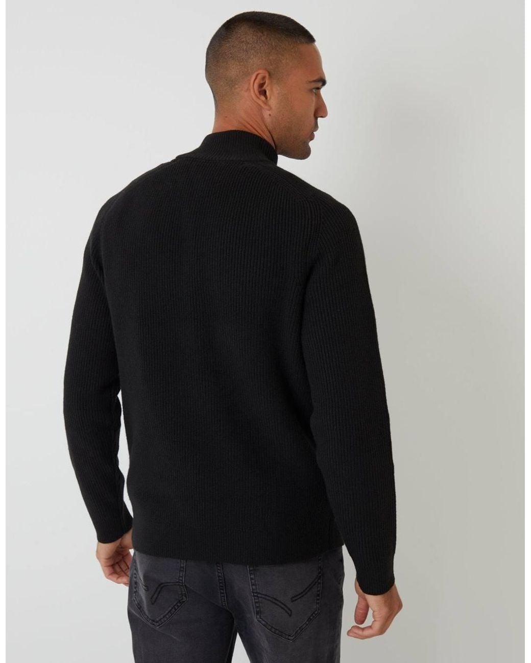 Threadbare Black Rib Panel Quarter Zip Knitted Jumper for men