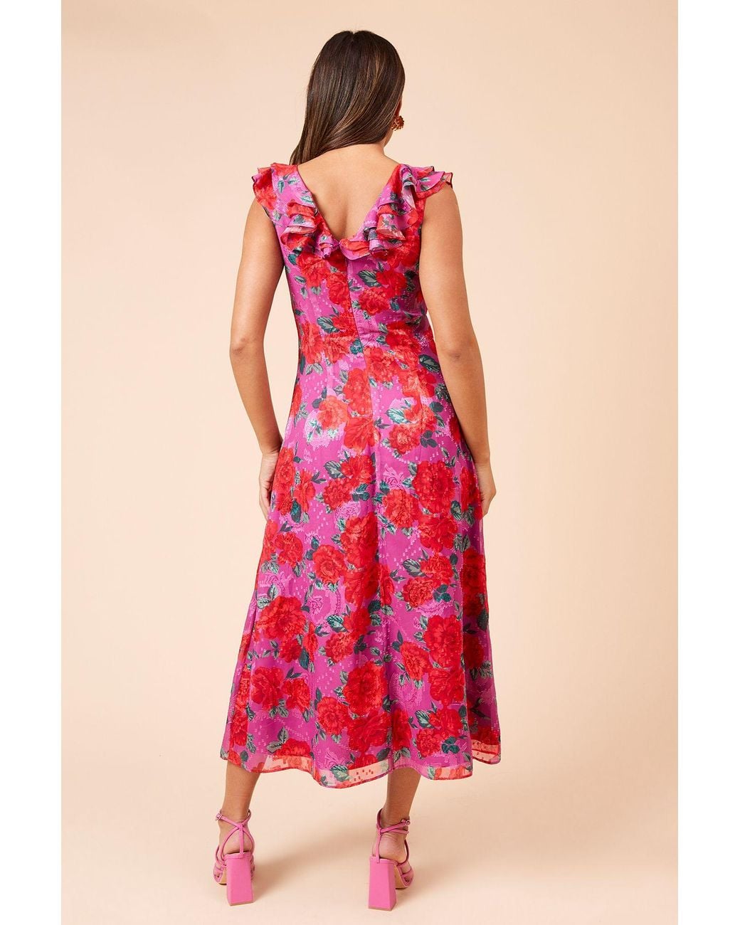 Dorothy Perkins Red Dp Luxe Printed Jacquard Chiffon Ruffle Front Sleeveless Midi Dress
