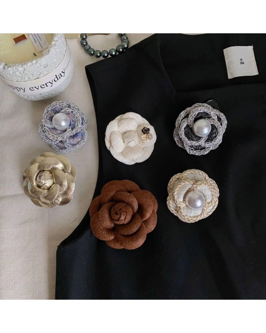 Peach Accessories Black Mesh Floral Brooch With Faux Pearl