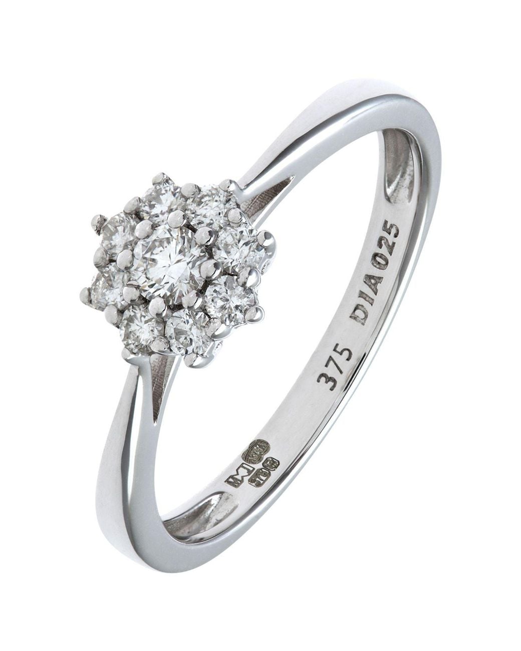 Jewelco London Metallic 9Ct Round 1/4Ct Diamond 9 Stone Cluster Ring 7Mm