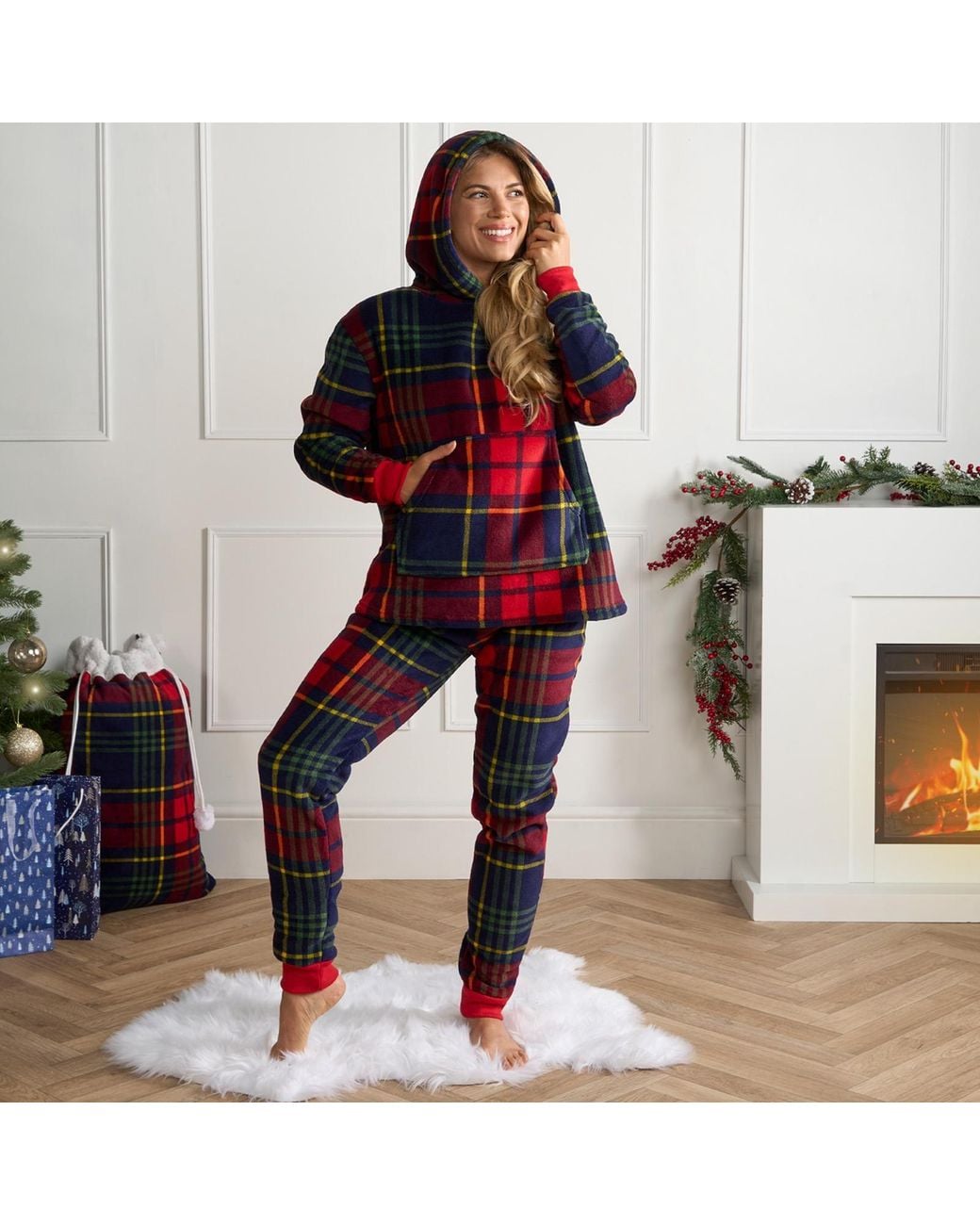 OHS Red Check Pyjamas Supersoft Plush Pjs Hoodie Set Warm Sherpa Fleece Lined Loungewear