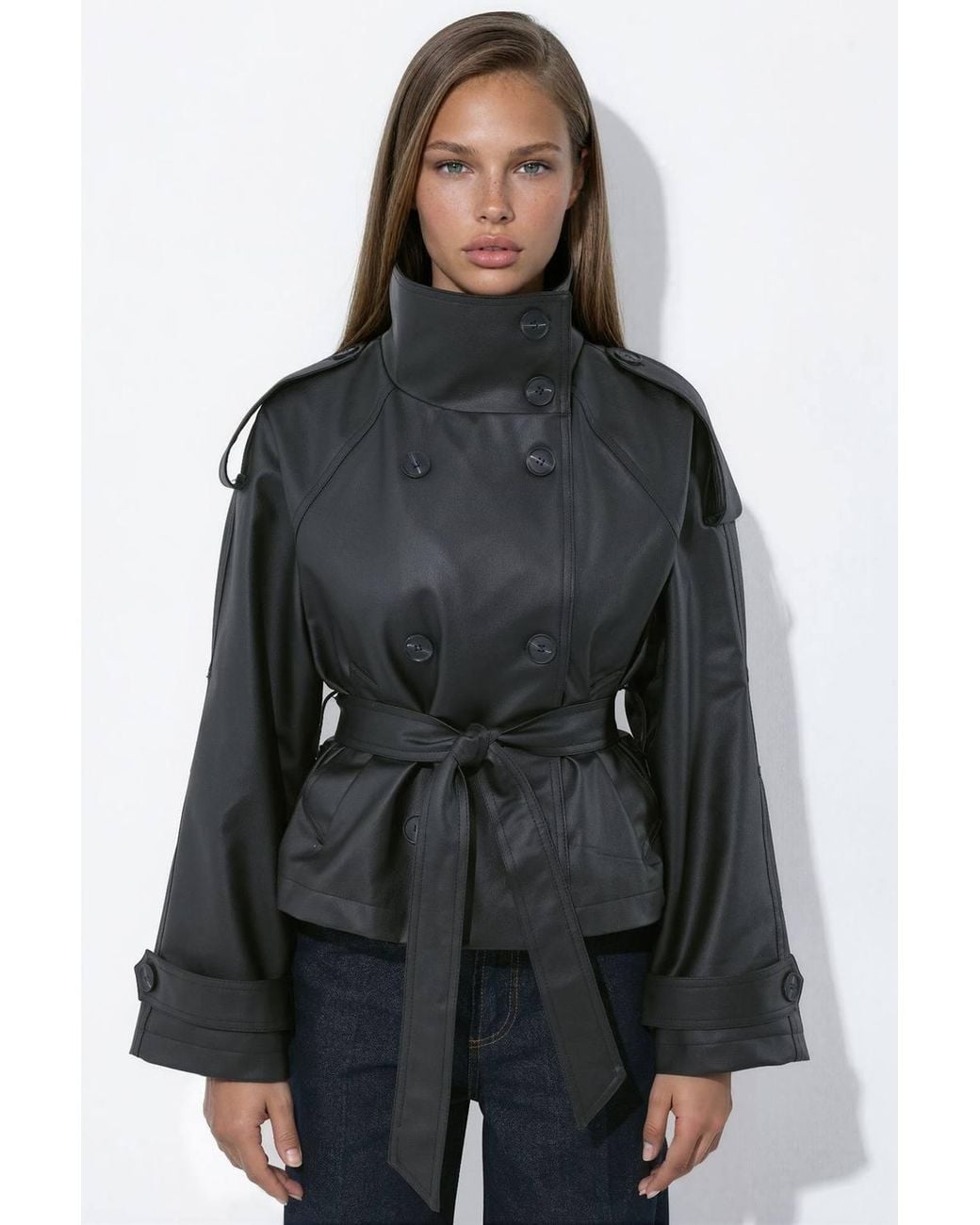 Hiccup Black Short Faux Leather Trench Coat