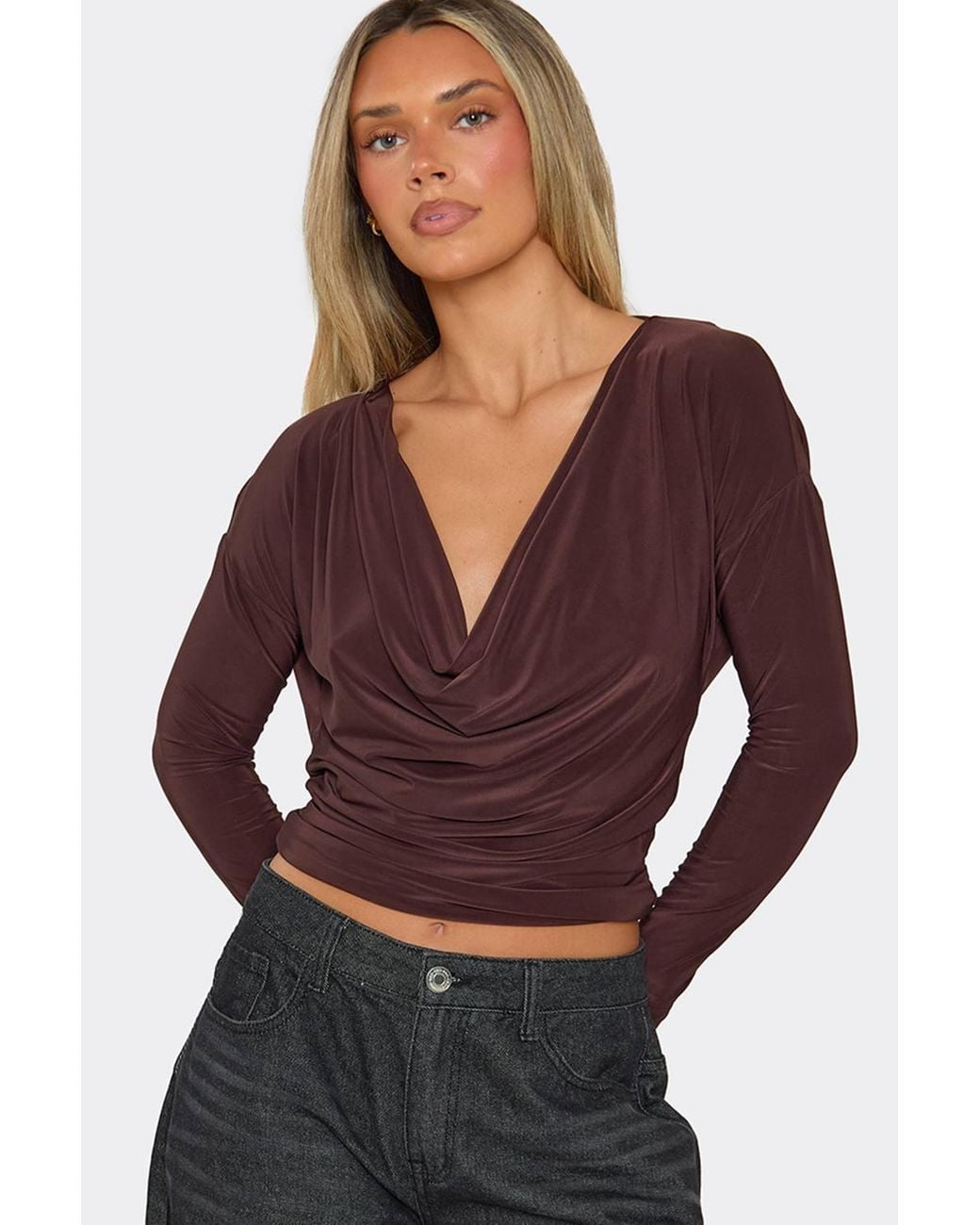 EGO Brown Long Sleeve Cowl Neck Tie Back Slinky Top