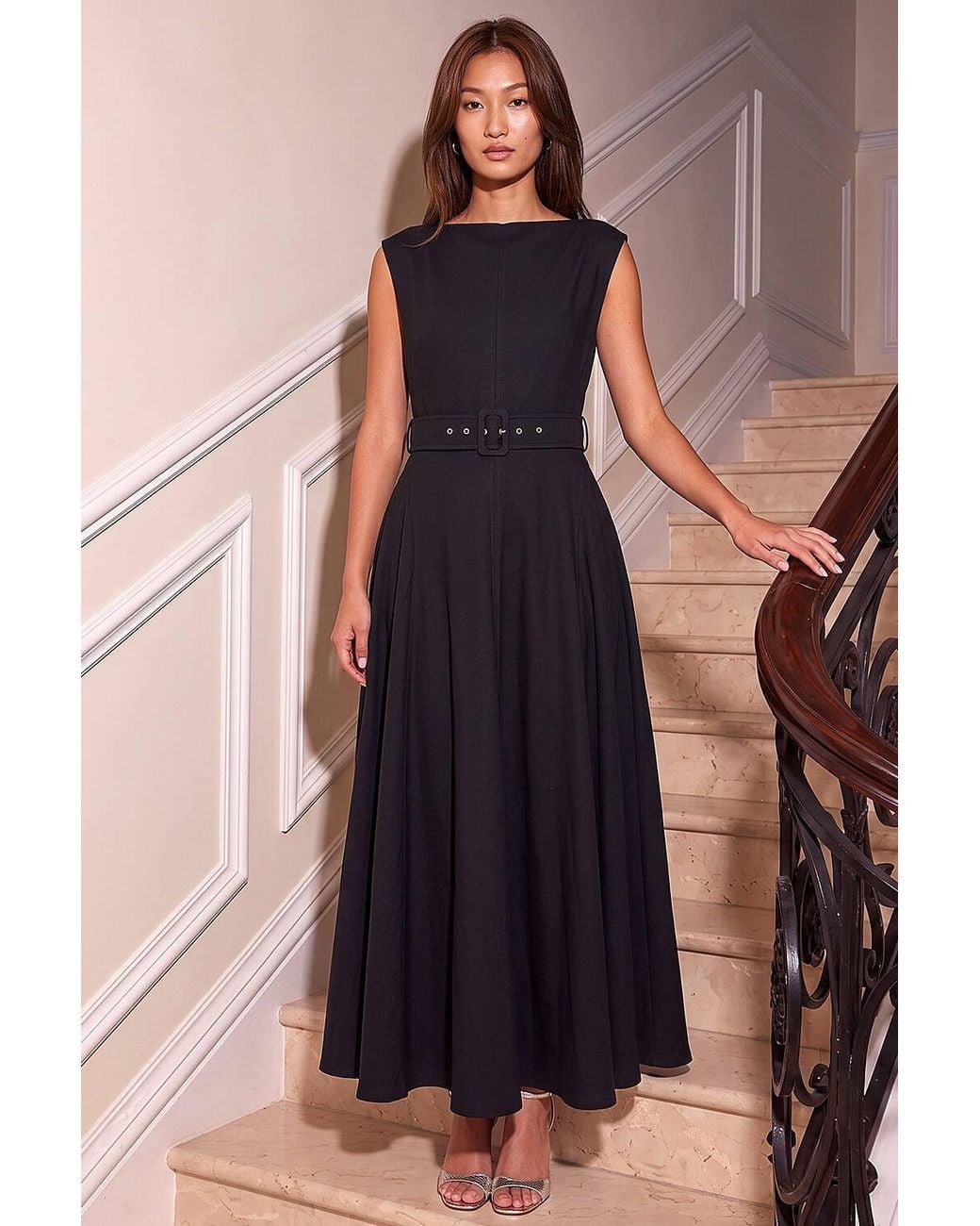 Roman Brown Belted Fit & Flare Dress