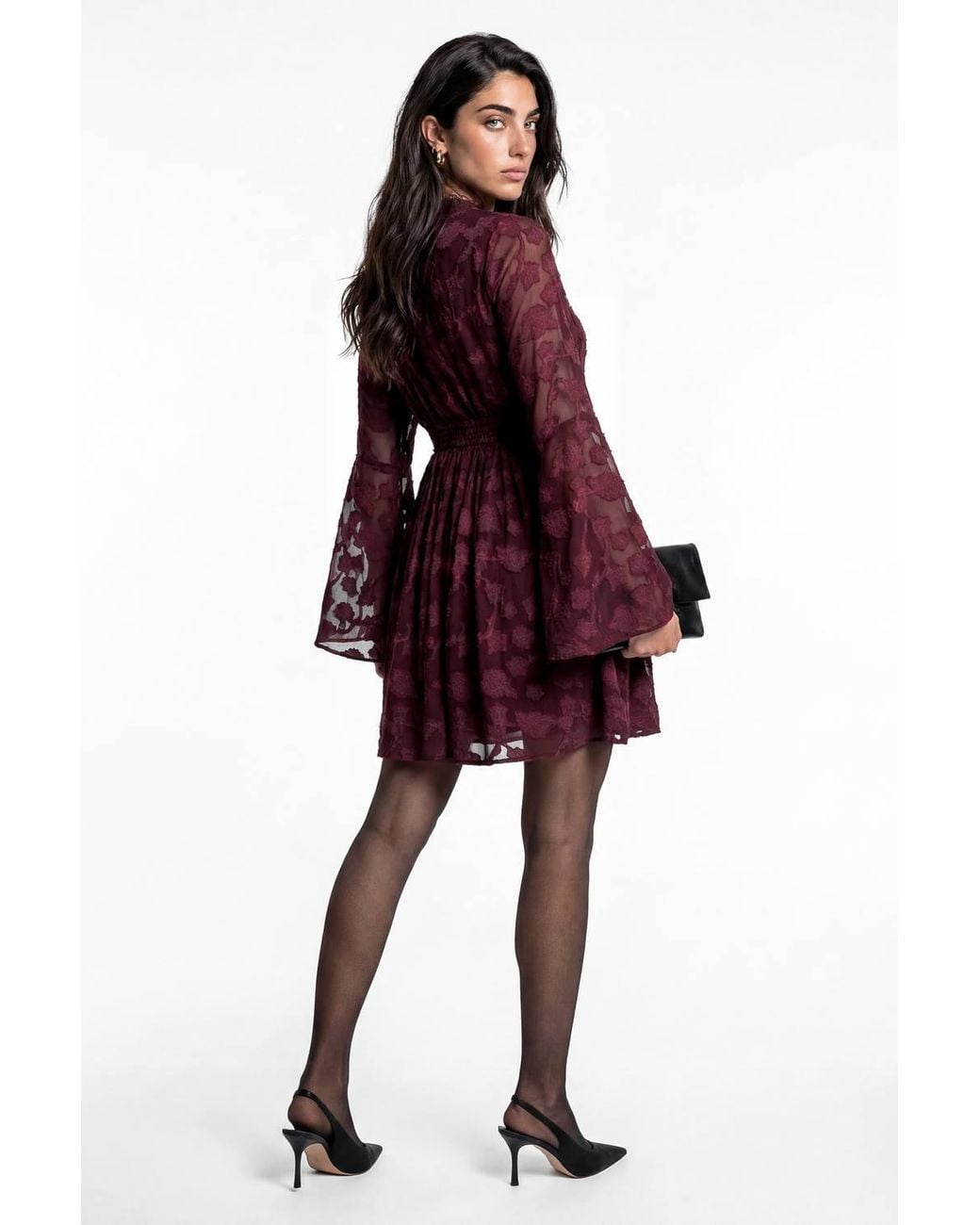 Lovedrobe Red Floral Burnout Lace Detail Long Sleeve Mini Dress