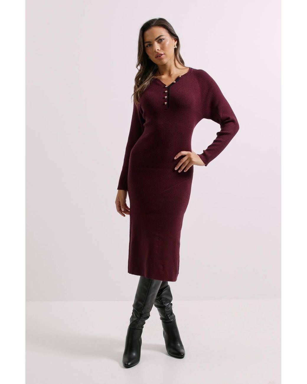 Dorothy Perkins Purple Henley Crew Knitted Midi Dress