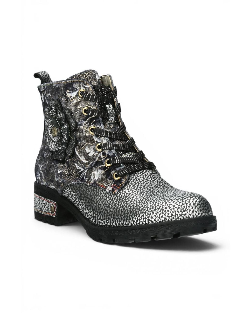 Infinity Leather Black Gothic Victorian Floral Leather Lace-Up Boots