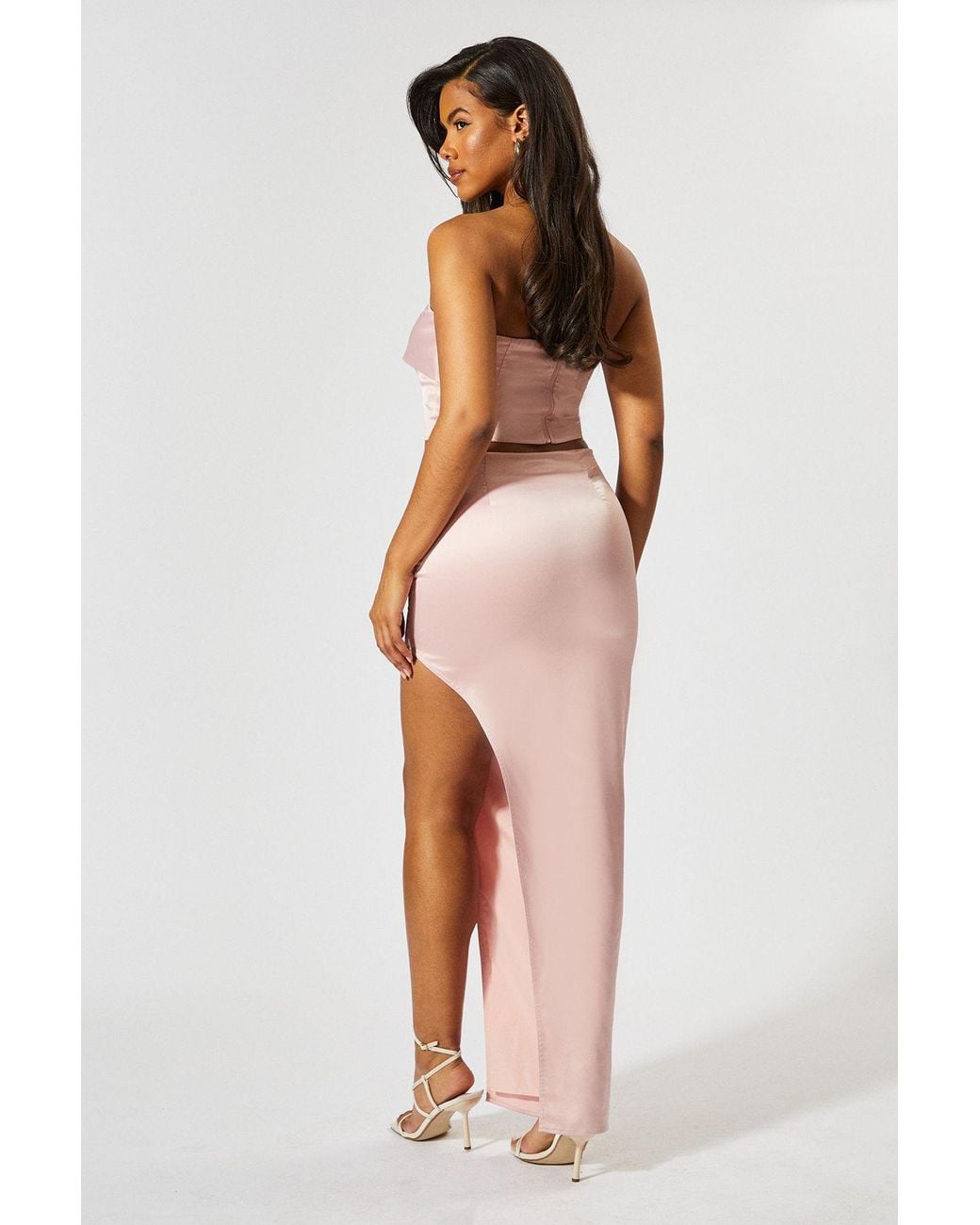 MissPap Pink Satin High Waist Asymmetric Maxi Skirt