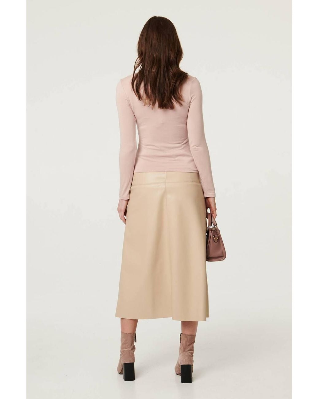 Izabel London Natural Long Sleeve Slim Scoop Neck Top
