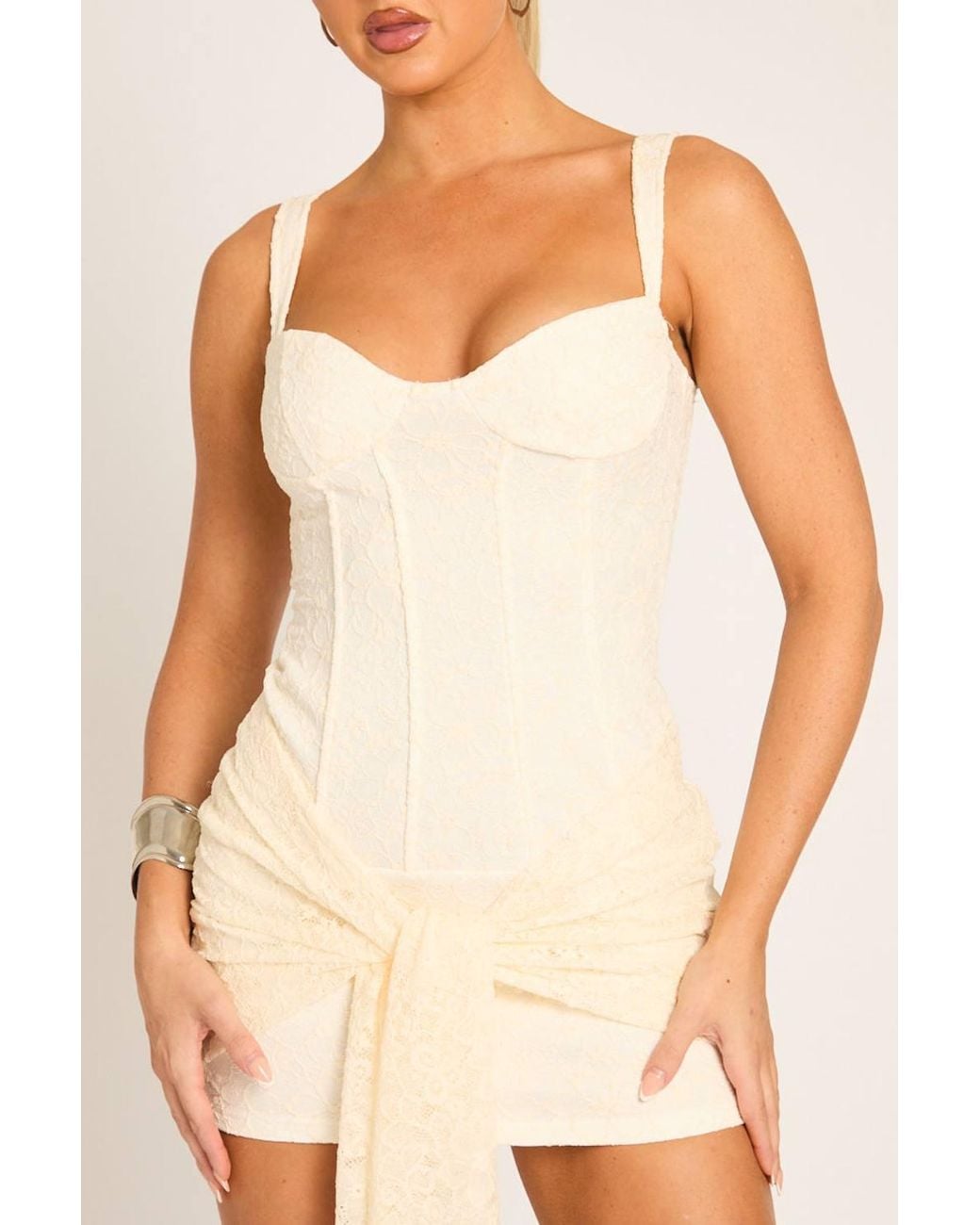 Rebellious Fashion Natural Lace Corset Detail Drape Mini Dress