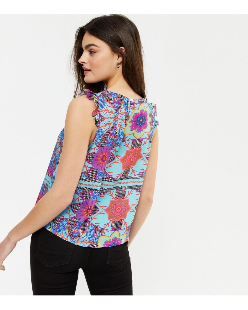 Cutie London Blue Floral Frill Sleeve Sleeveless Top