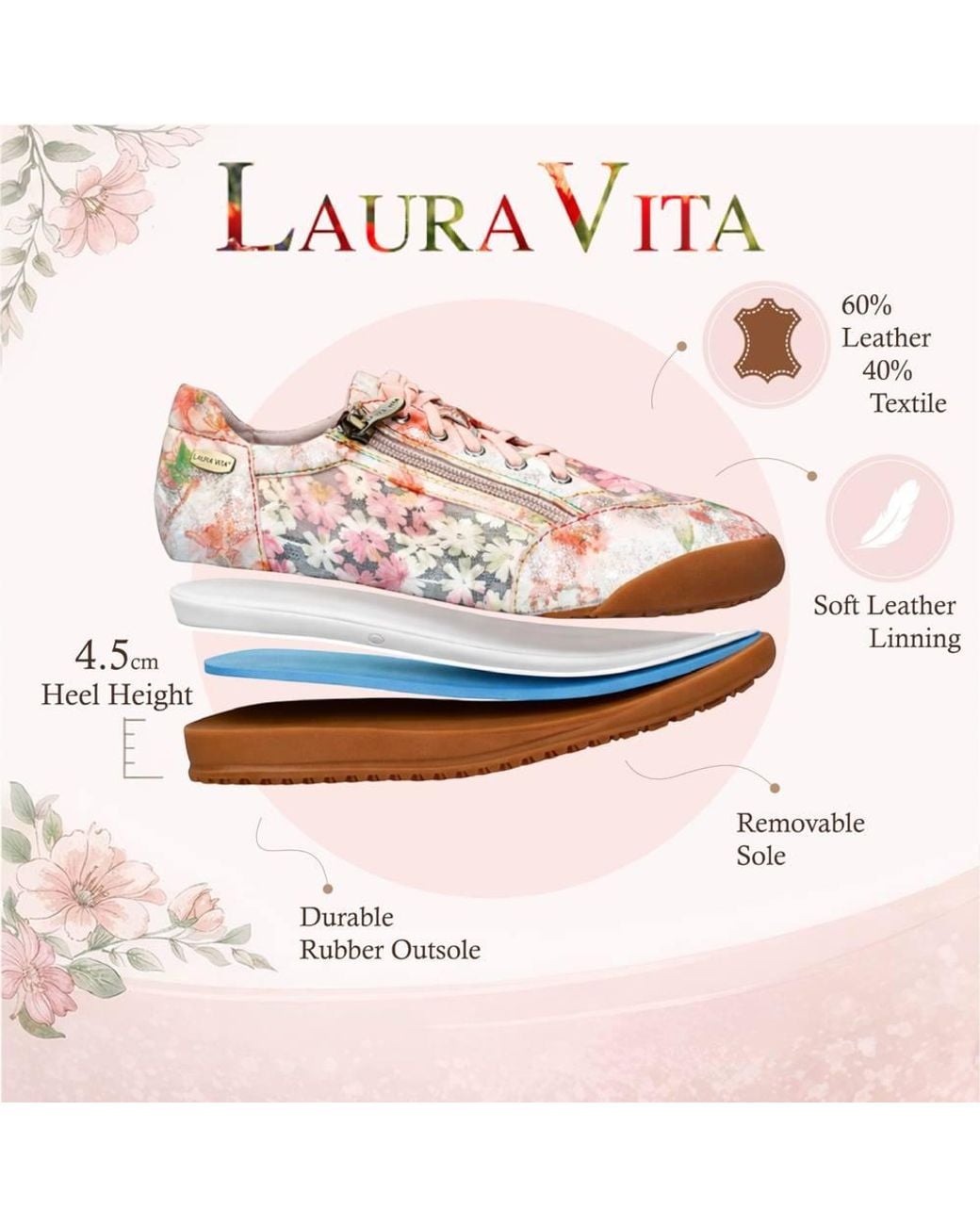 LAURA VITA Pink Floral Leather Trainers Zip Sneaker Shoes