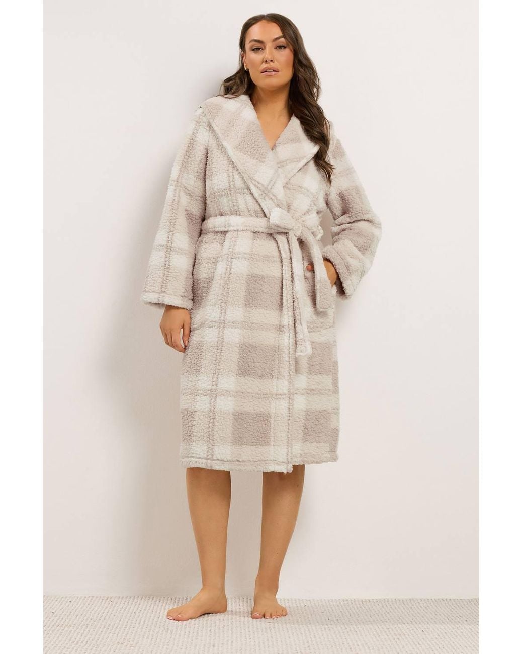 Yours Natural Check Fluffy Shawl Dressing Gown
