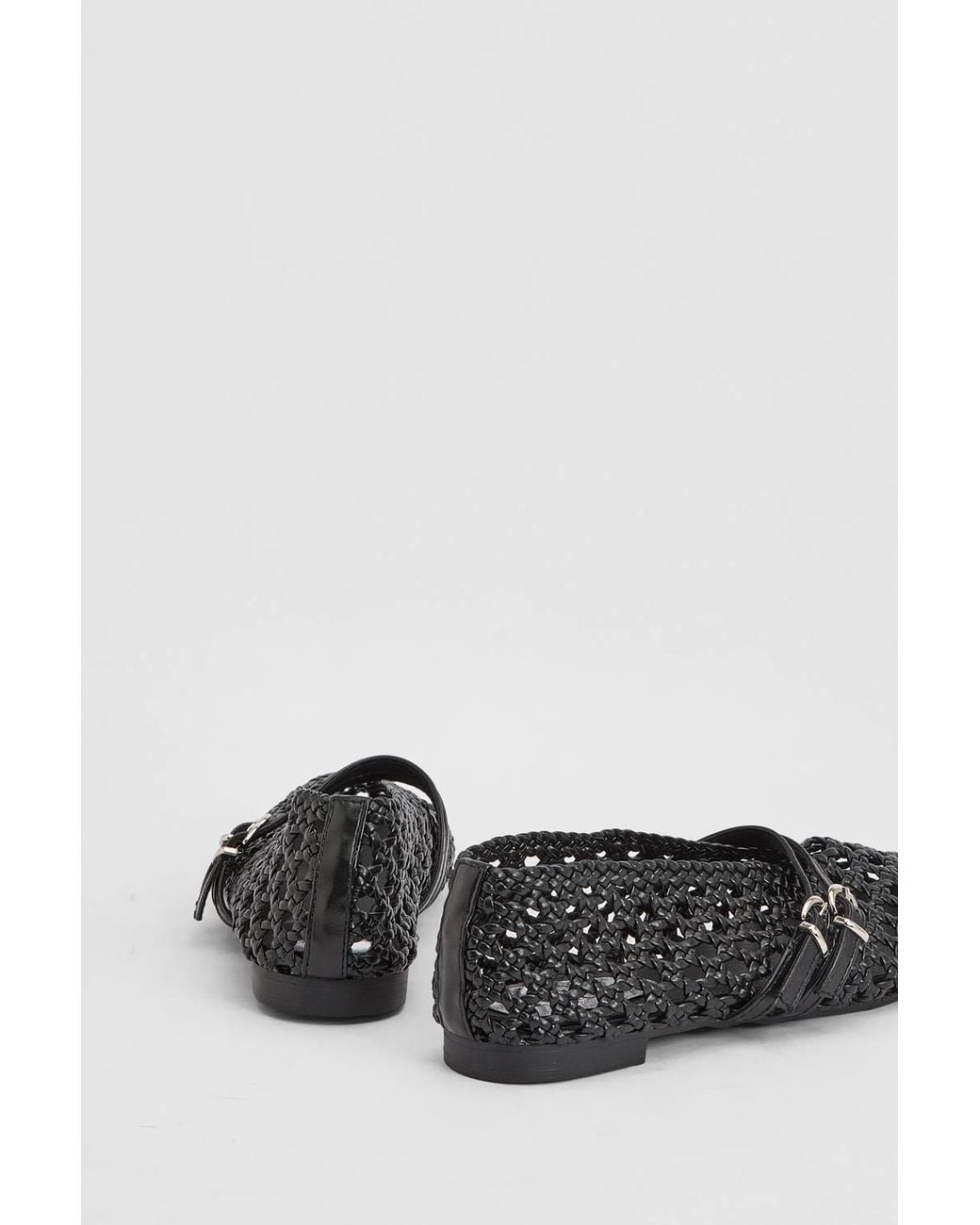 Faith Black Meila Faux Leather Woven Double Strap Mary Jane Flats