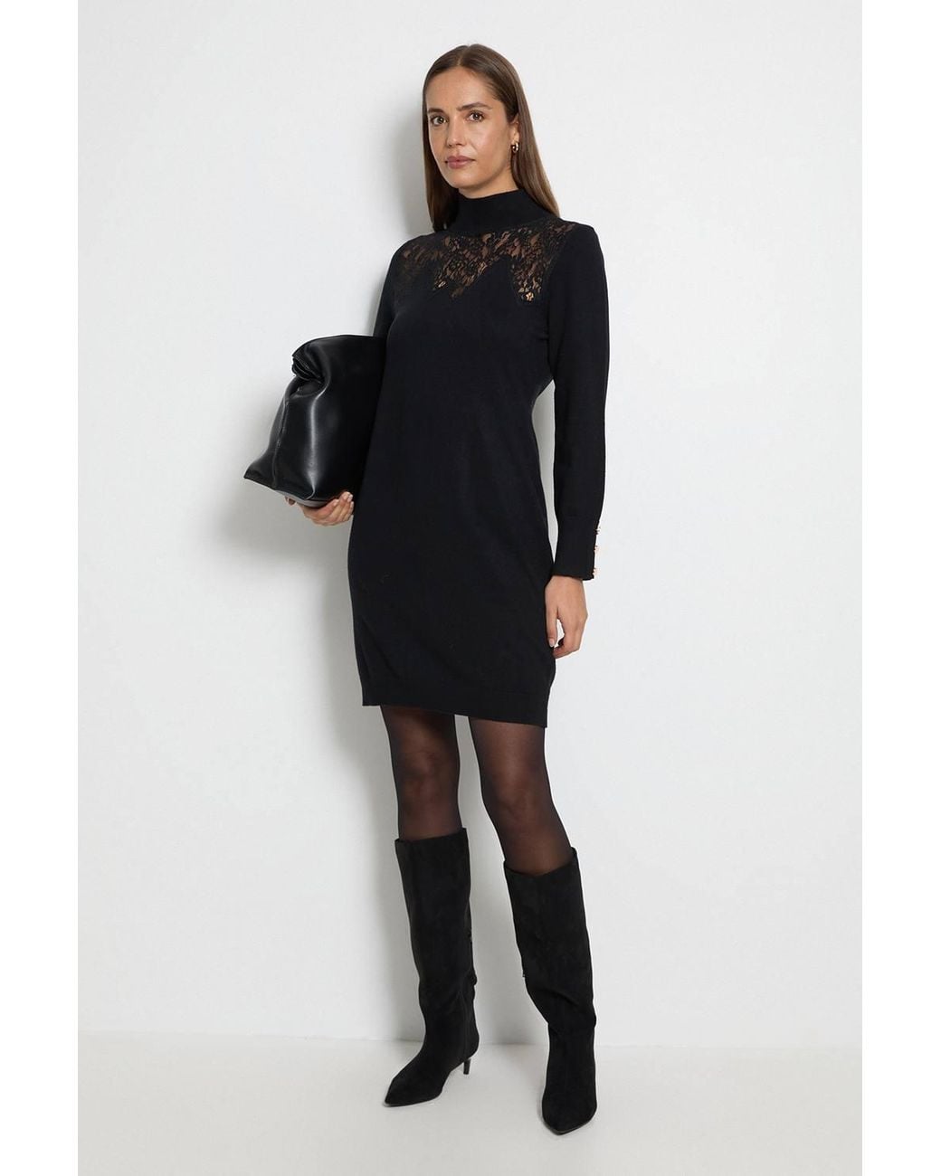 Wallis Black Lace Detail Funnel Neck Knitted Dress