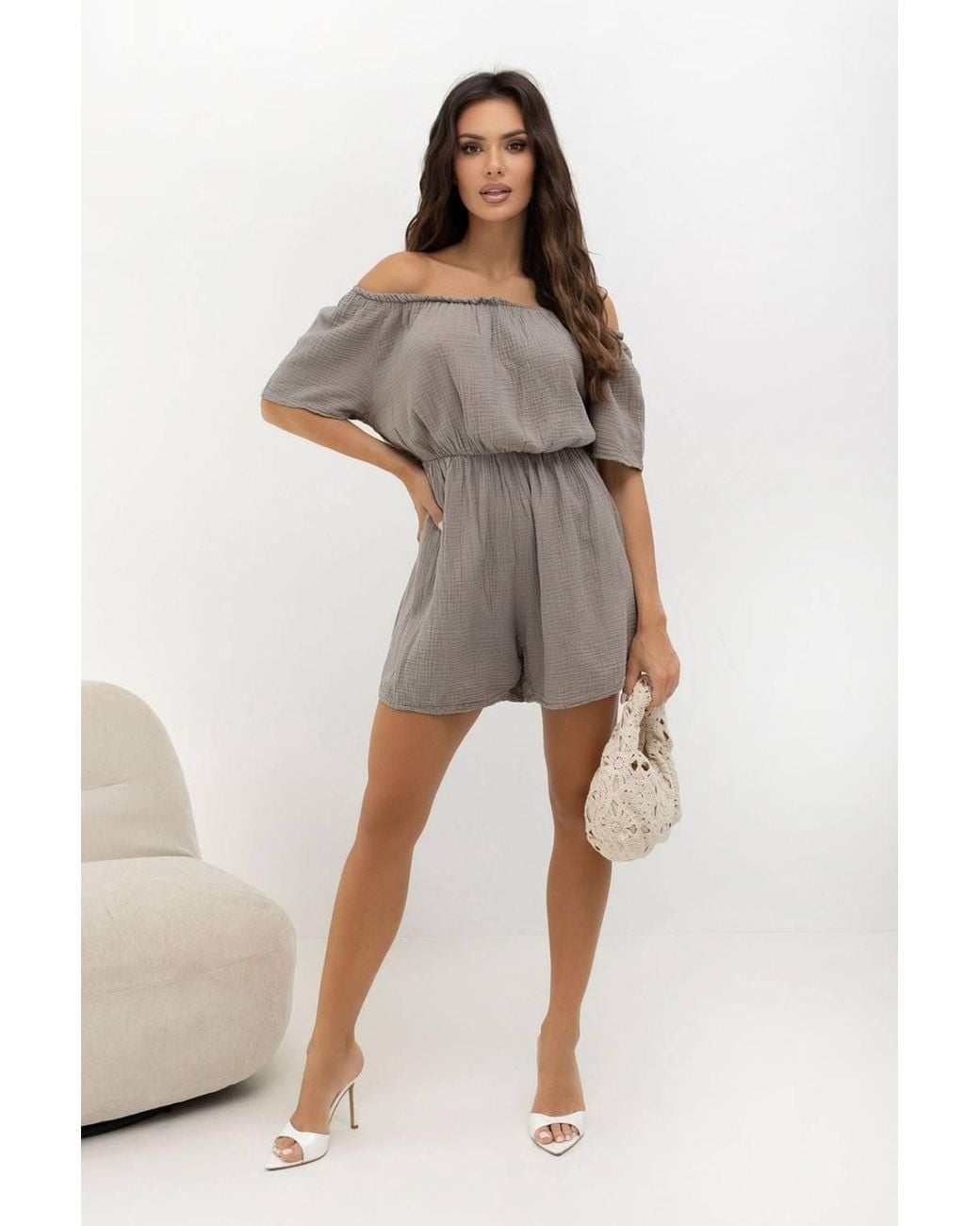 Love Lace Gray Cotton Relaxed Off-Shoulder Short Sleeve Playsuit