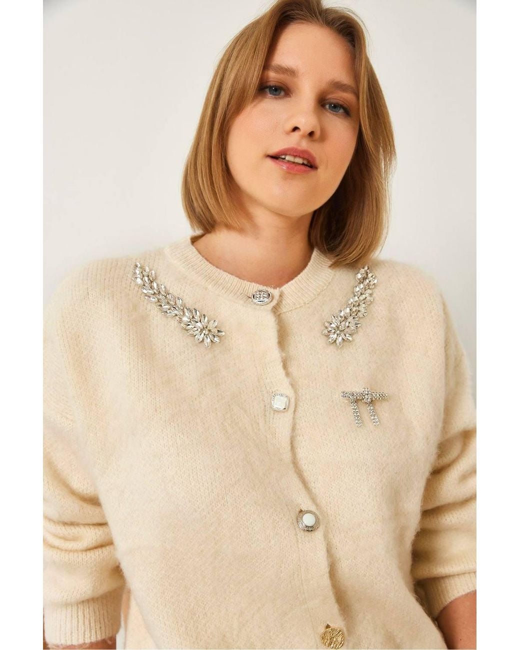 Bianco Lucci Natural Embellished Crew Neck Long Sleeve Cardigan