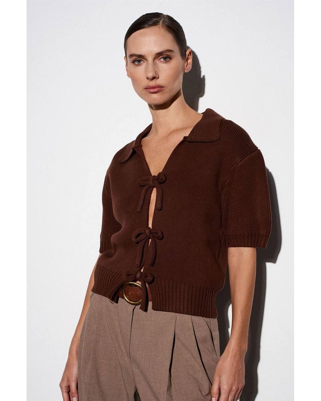 Dilvin Brown Ribbed Acrylic Polo Cardigan With Tie Front