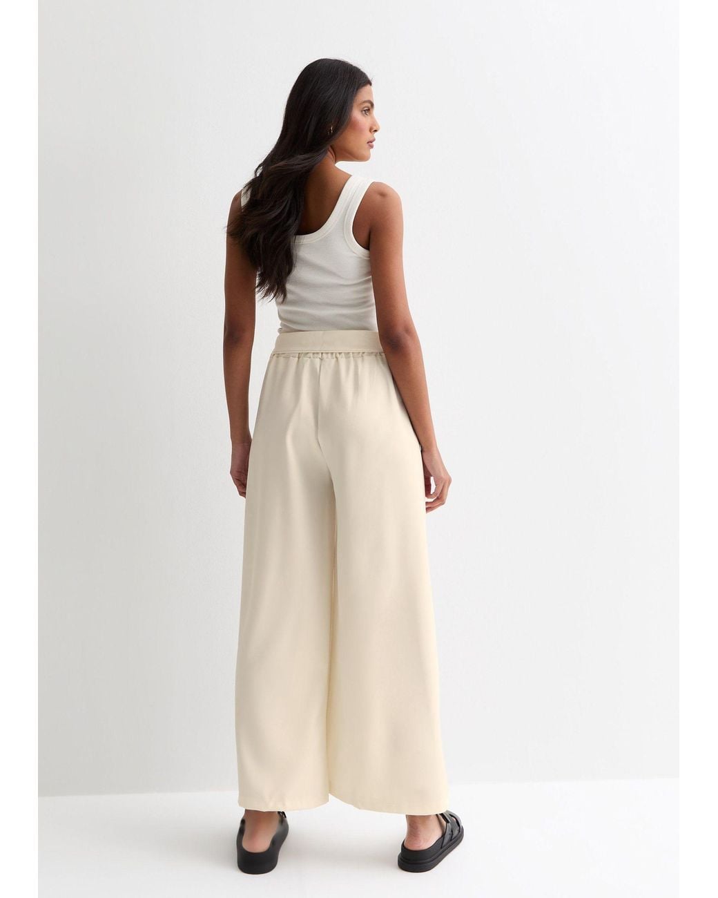 Gini London Natural Elasticated Wide Leg Tie Detail Trousers
