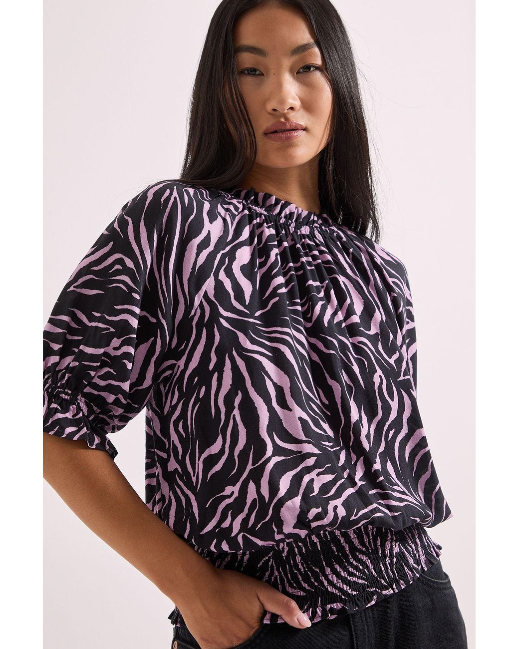Dorothy Perkins Purple Petite Frill Neck Shirred Cuff Blouse