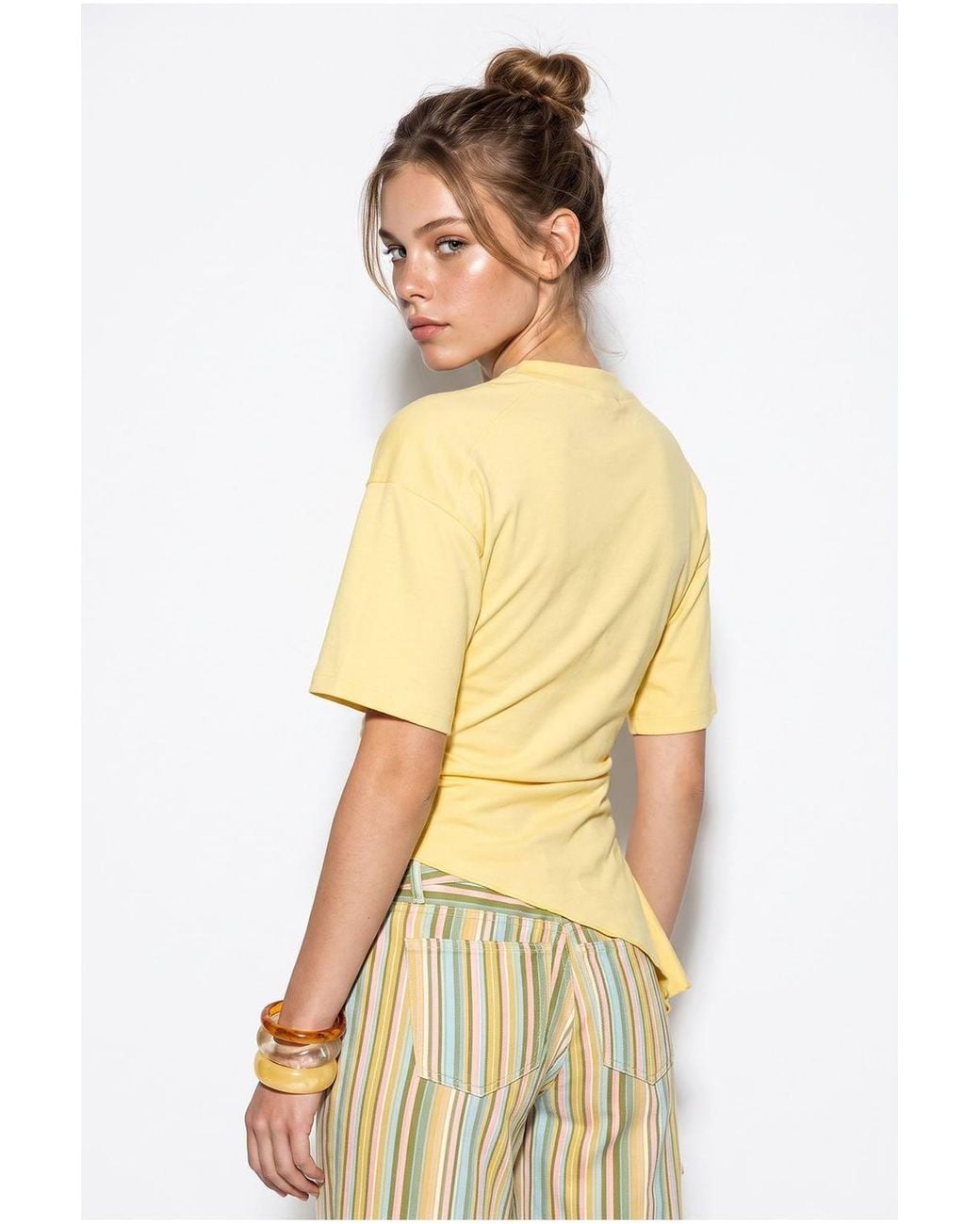 Bianco Lucci Metallic Fitted Jersey Blouse With Drape Detail